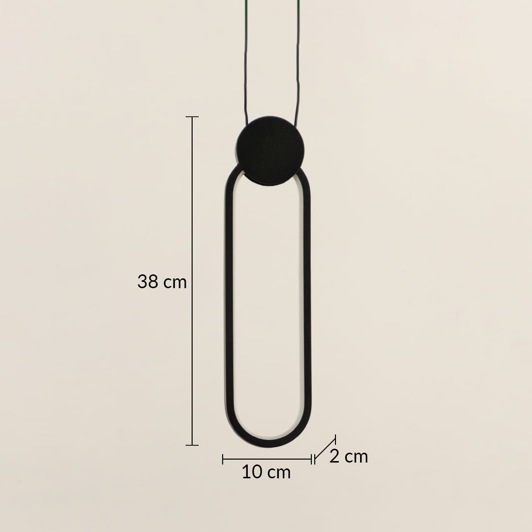 Slim oval black LED pendant lamp showing 38cm height 10cm width and 2cm thickness for accurate size measurement.