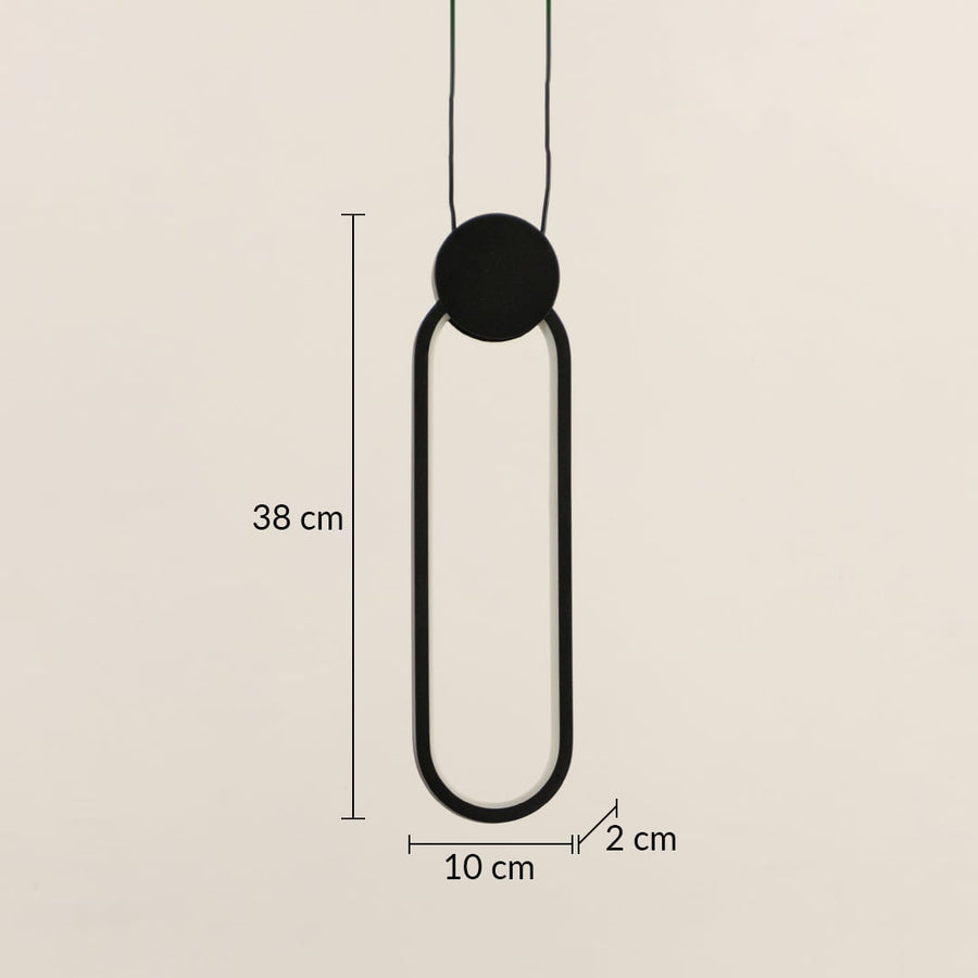 Slim oval black LED pendant lamp showing 38cm height 10cm width and 2cm thickness for accurate size measurement.