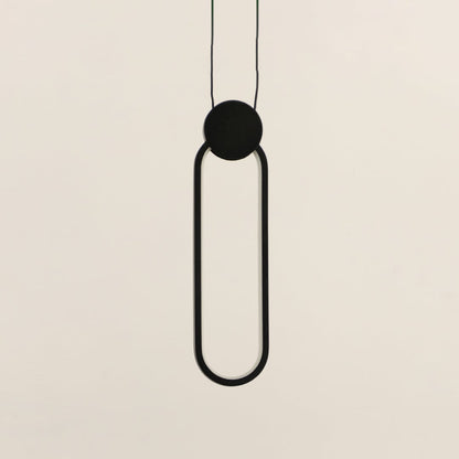 Modern slim oval black LED pendant light displayed off on white background for stylish interior decoration.