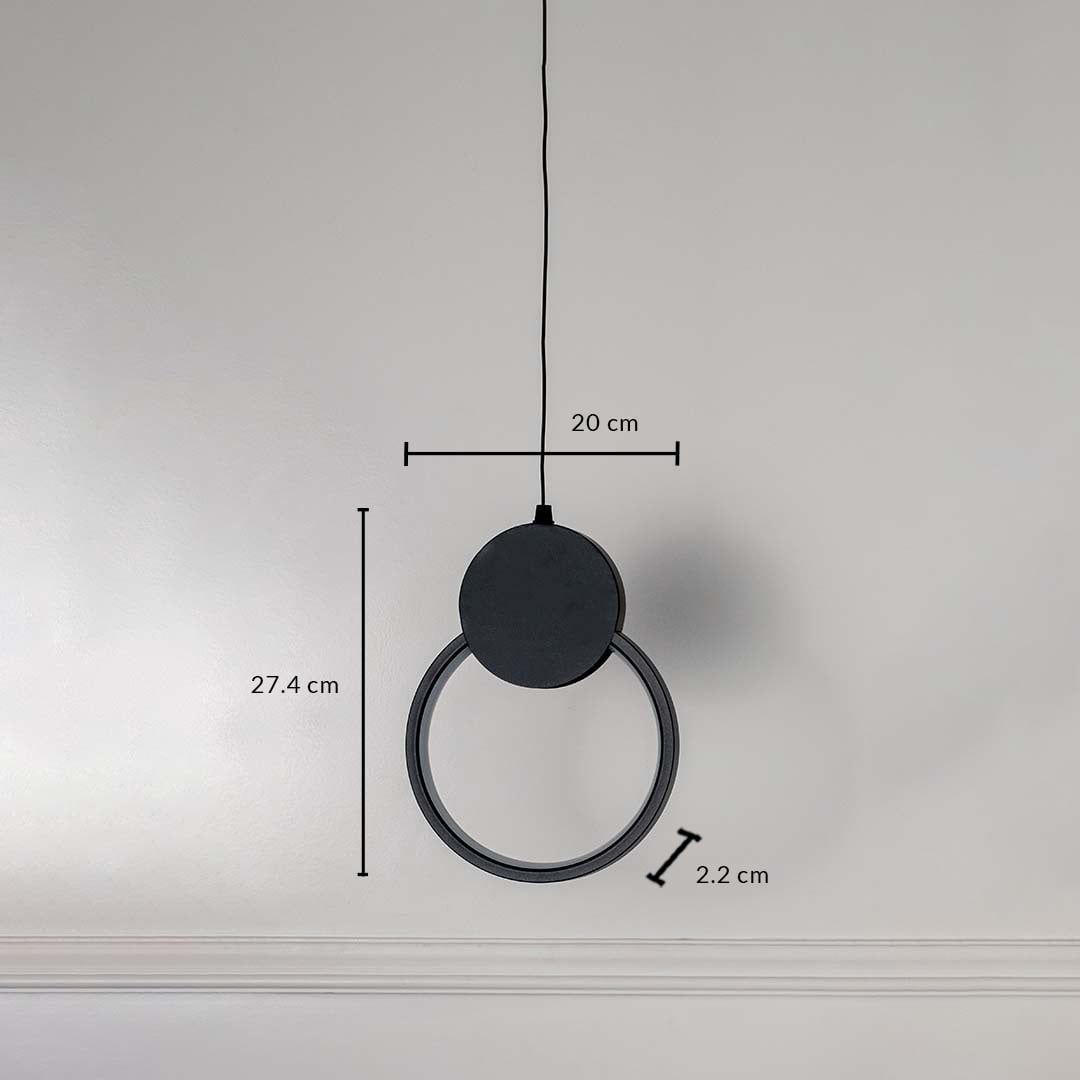 Black circular LED pendant lamp showing 27.4cm height 20cm width and 2.2cm thickness for accurate size fitting.