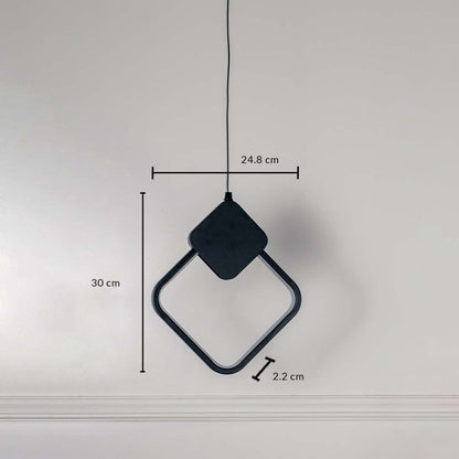 Black geometric LED pendant lamp with diamond frame showing 30cm height 24.8cm width and 2.2cm thickness.