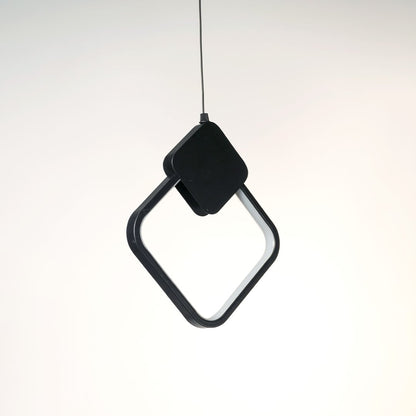 Contemporary black geometric LED pendant lamp with diamond frame shown off on white background for home lighting.