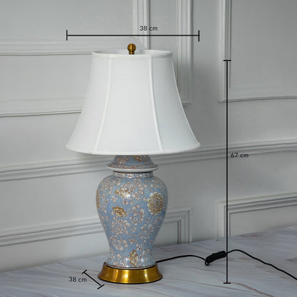 Blue ceramic table lamp measuring 61 cm height and 38 cm width for luxury tabletop lighting decor.