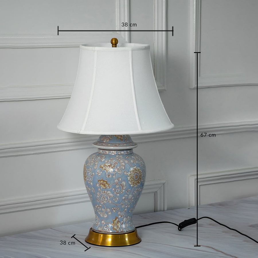 Blue ceramic table lamp measuring 61 cm height and 38 cm width for luxury tabletop lighting decor.
