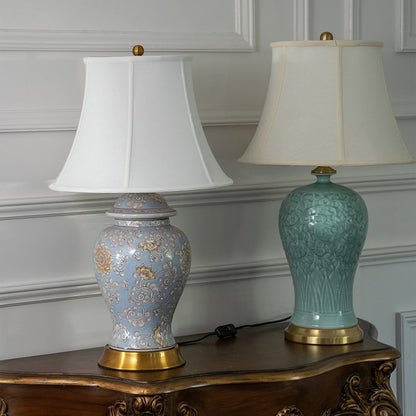 Blue and green ceramic table lamps with fabric shades for elegant modern home lighting decor styling ideas.