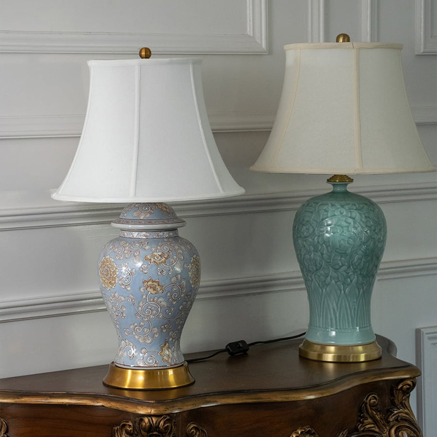 Blue and green ceramic table lamps with fabric shades for elegant modern home lighting decor styling ideas.