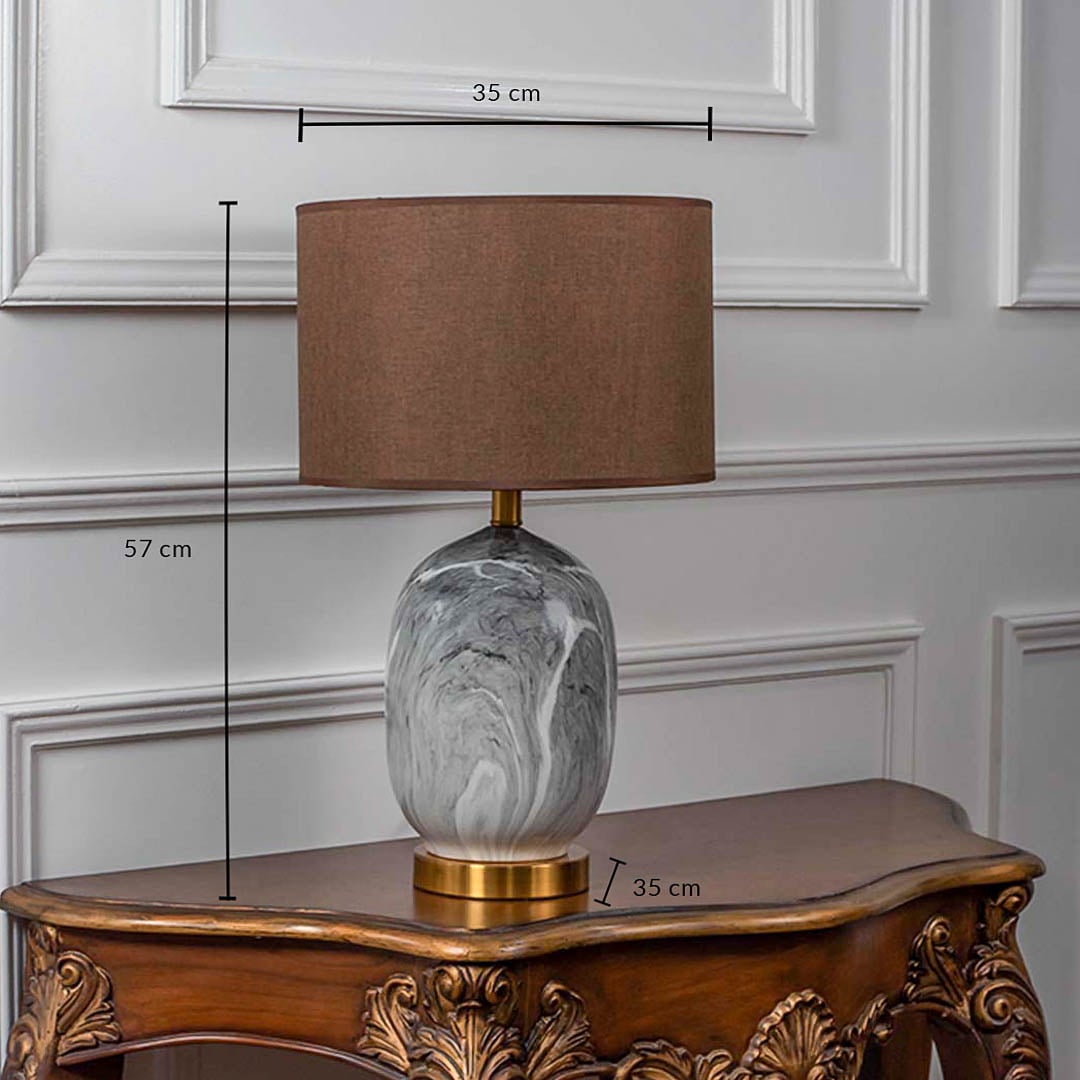 Grey marble table lamp with brown shade dimensions 57 cm height and 35 cm width for room lighting.