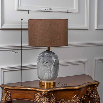 Grey marble table lamp with brown shade dimensions 57 cm height and 35 cm width for room lighting.