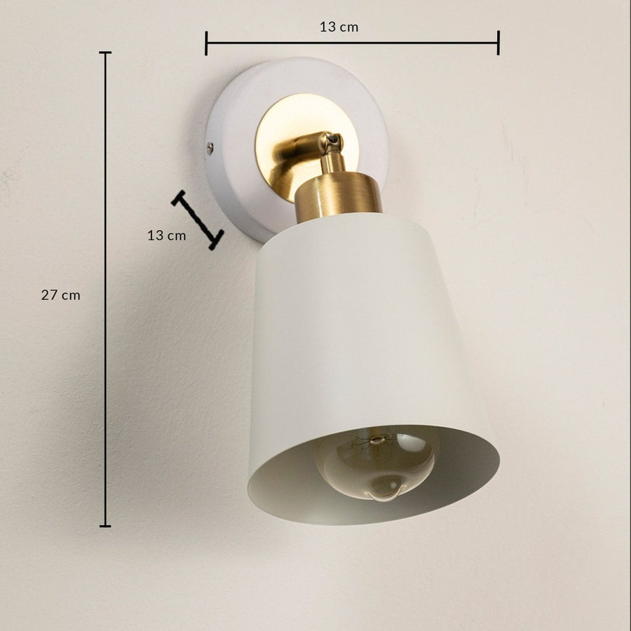 White and gold wall sconce measuring 27 cm high and 13 cm wide shown for size detail ideal for home lighting.