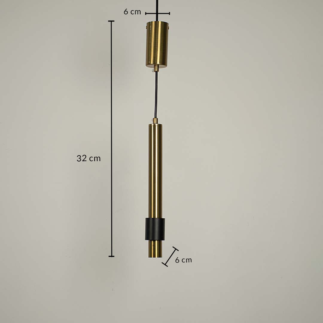 Dimension image of brass and black metal wall light showing 32 cm height and slim profile for modern hallway decor.