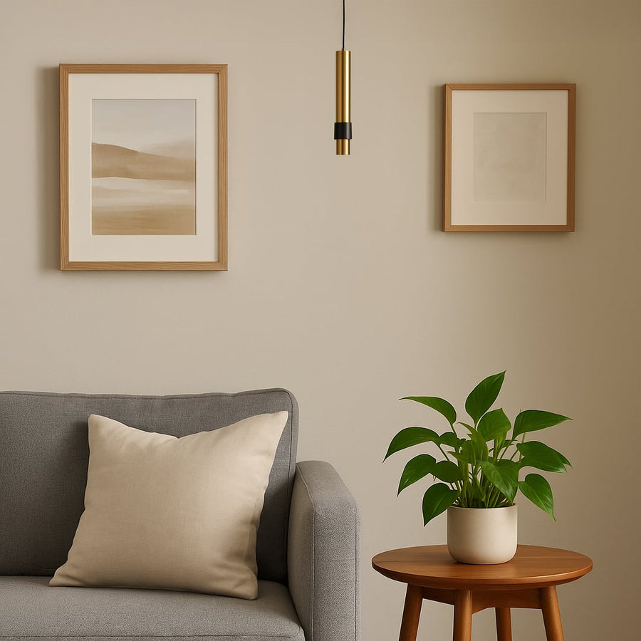 Sleek gold pendant light with black accent styled in modern wardrobe area creating a premium ambiance.