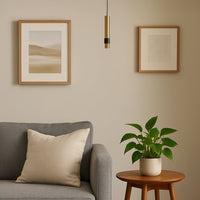 Black and brass metal pendant light creating subtle elegance beside the sofa in modern interiors.