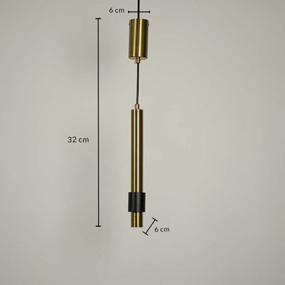 Gold pendant light with black accent shown with 32 cm height and 6 cm width for modern home decor.