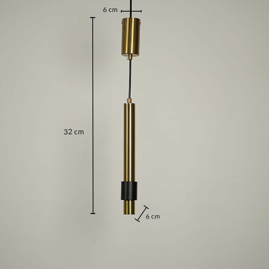 Gold pendant light with black accent shown with 32 cm height and 6 cm width for modern home decor.
