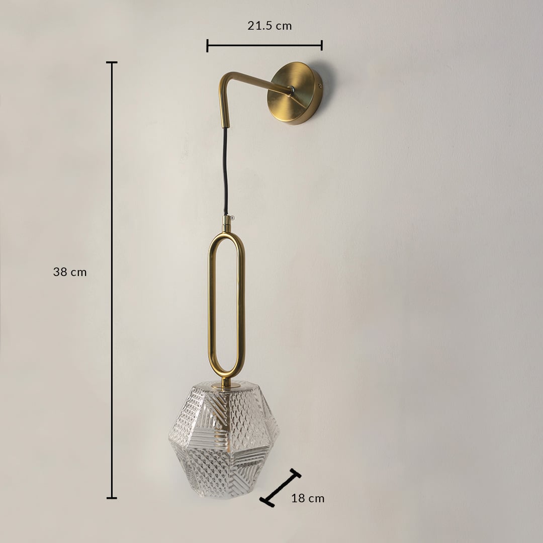 Gold and glass wall light 38 cm high and 18 cm wide shown with size reference perfect for modern home lighting.