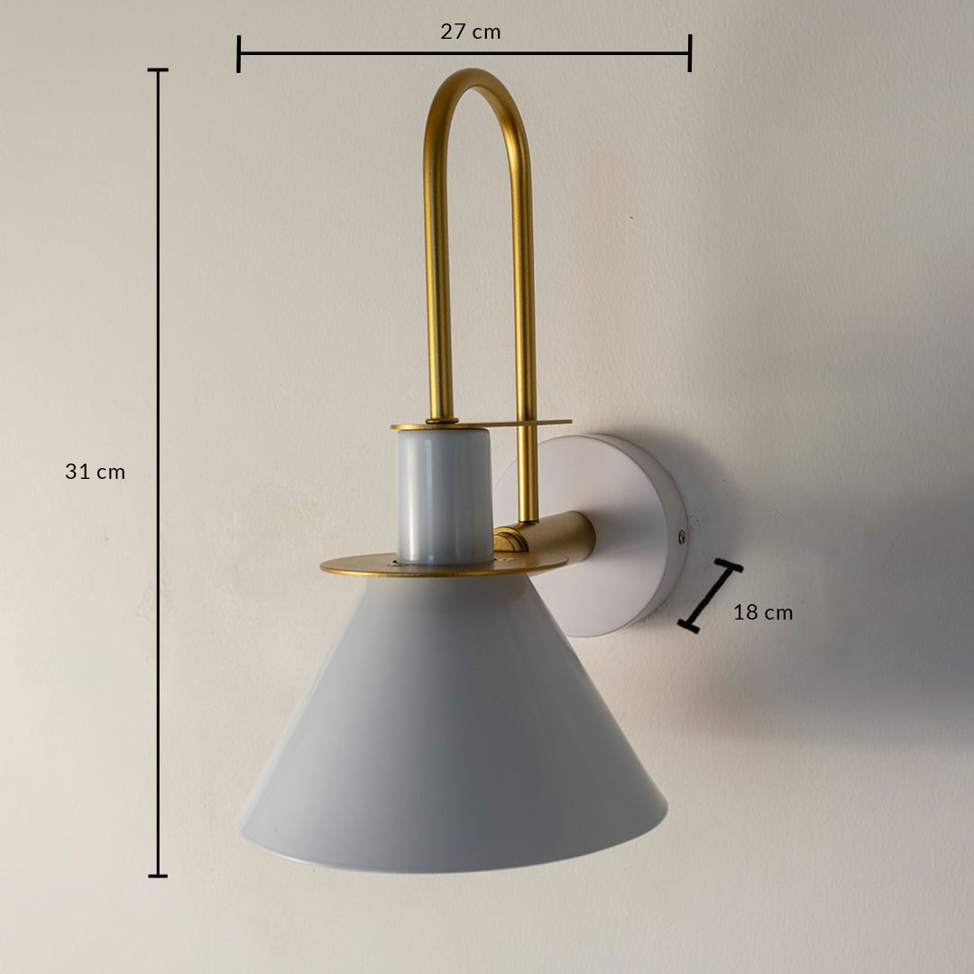 White and gold wall light 31 cm tall and 27 cm wide shown for size detail perfect for elegant home interiors.