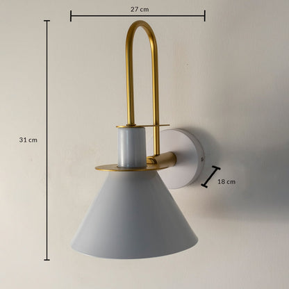 White and gold wall light 31 cm tall and 27 cm wide shown for size detail perfect for elegant home interiors.