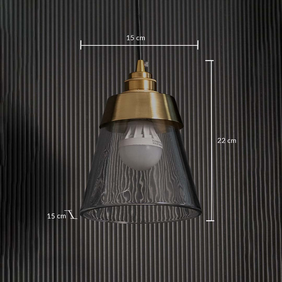 Clear glass and gold metal pendant light shown with accurate measurements providing ideal size details for perfect placement in interior spaces.