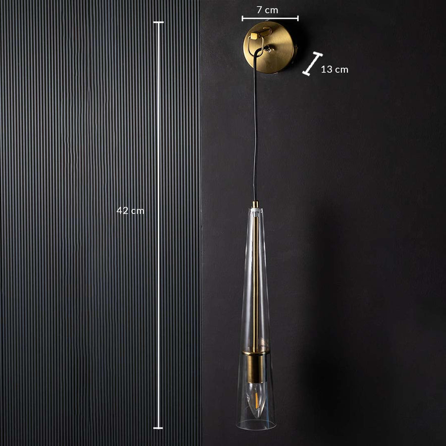 Technical sizing image of hanging wall light showing height 42 cm and depth 13 cm measurements to assist with precise installation.