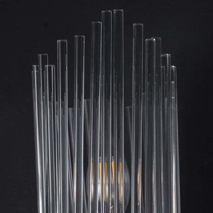 Detailed closeup of the metal band and glass rods of the wall light showcasing its modern luxury look for contemporary home decor.