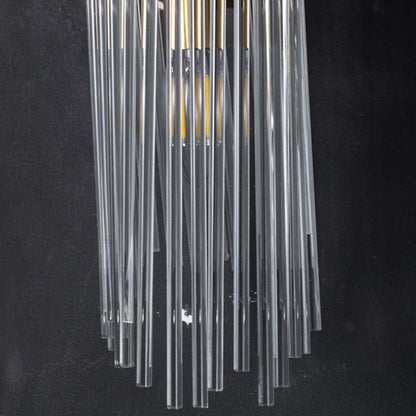 Closeup view of the metal and clear glass rod wall light highlighting its refined detailing and premium craftsmanship for interior styling.
