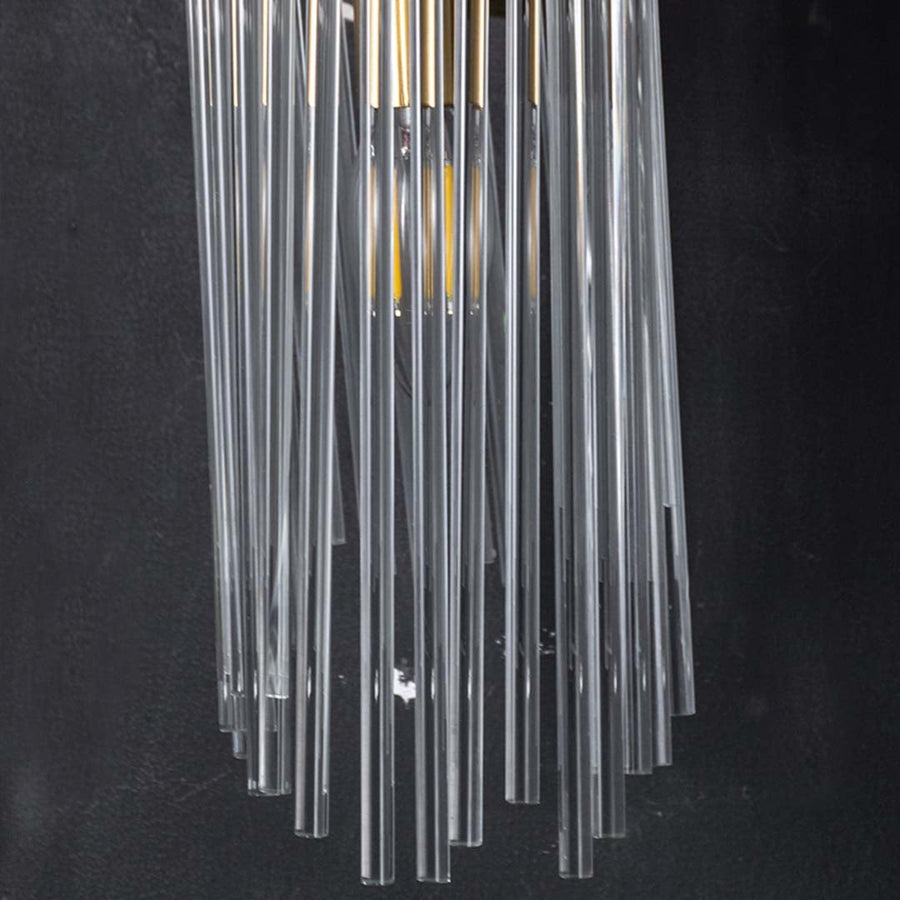 Closeup view of the metal and clear glass rod wall light highlighting its refined detailing and premium craftsmanship for interior styling.