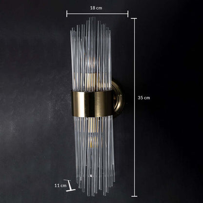 Metal and clear glass rod wall light with size markers showing height width and depth to help visualize perfect placement in home decor.