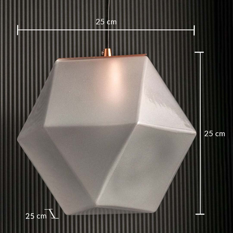Frosted geometric pendant light shown with 25 cm width and 25 cm height providing clear size details for placement in modern home settings.