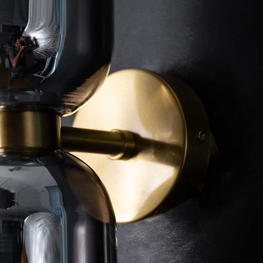 Modern Dual Light Smoky Grey Glass   Metal Wall Light Closeup