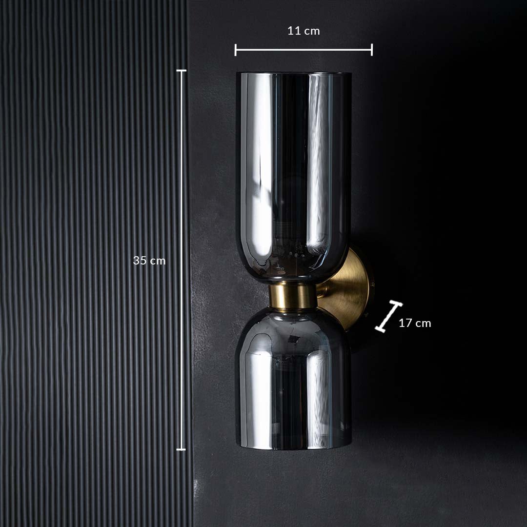 Modern Dual Light Smoky Grey Glass   Metal Wall Light Dimensions