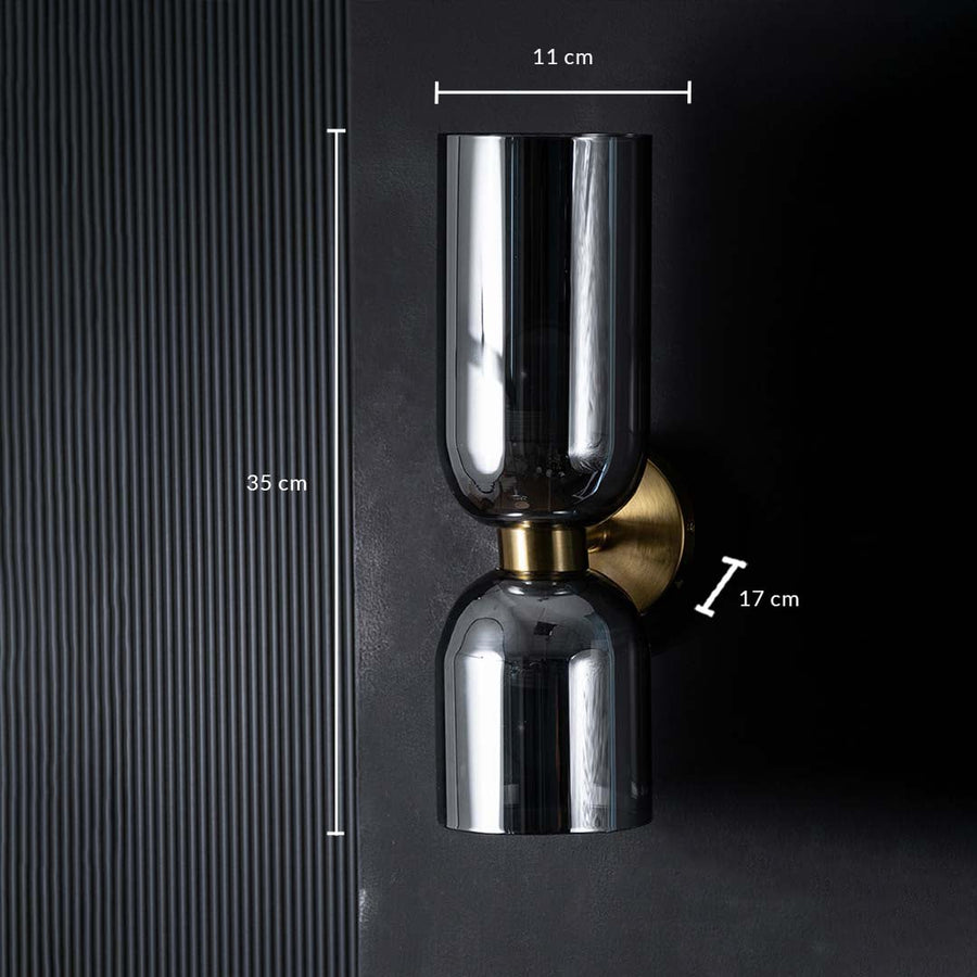Modern Dual Light Smoky Grey Glass   Metal Wall Light Dimensions