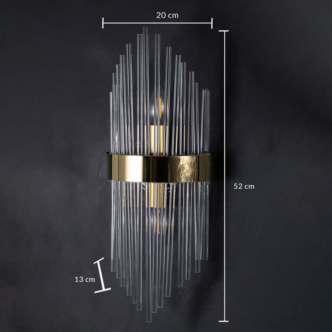 Wall light with dimensions shown as 20 cm width 52 cm height and 13 cm depth highlighting its tall layered glass rods and gold metal band design.