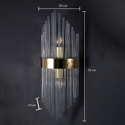 Wall light with dimensions shown as 20 cm width 52 cm height and 13 cm depth highlighting its tall layered glass rods and gold metal band design.