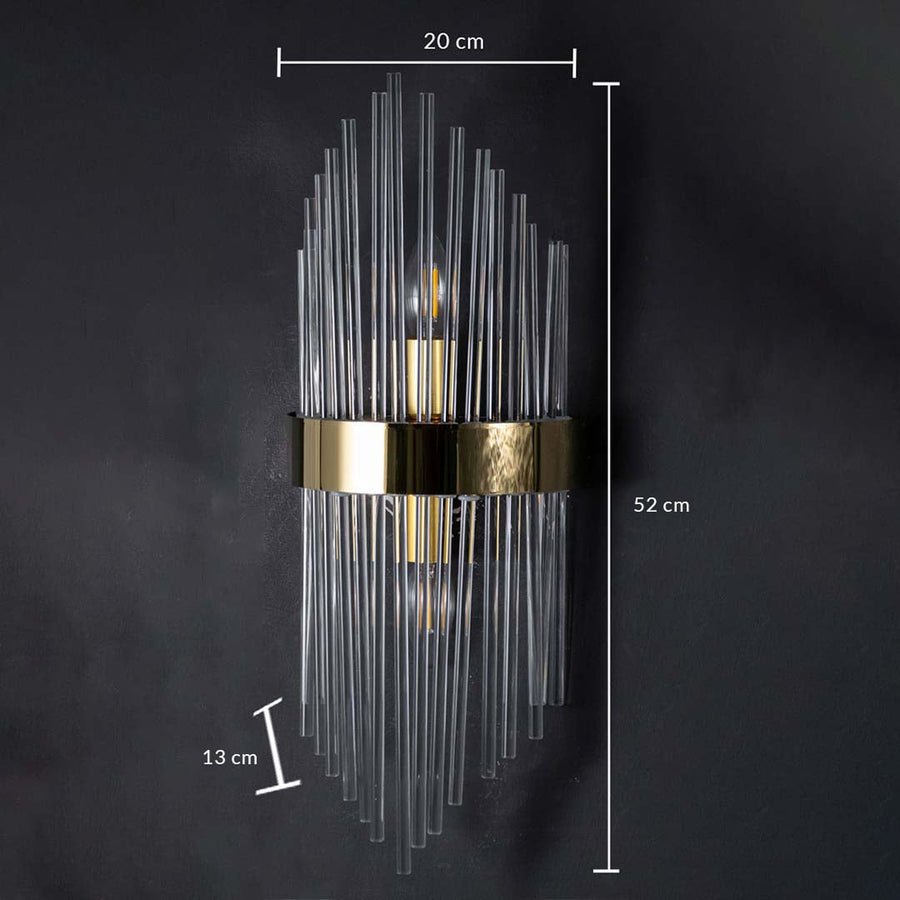 Wall light with dimensions shown as 20 cm width 52 cm height and 13 cm depth highlighting its tall layered glass rods and gold metal band design.