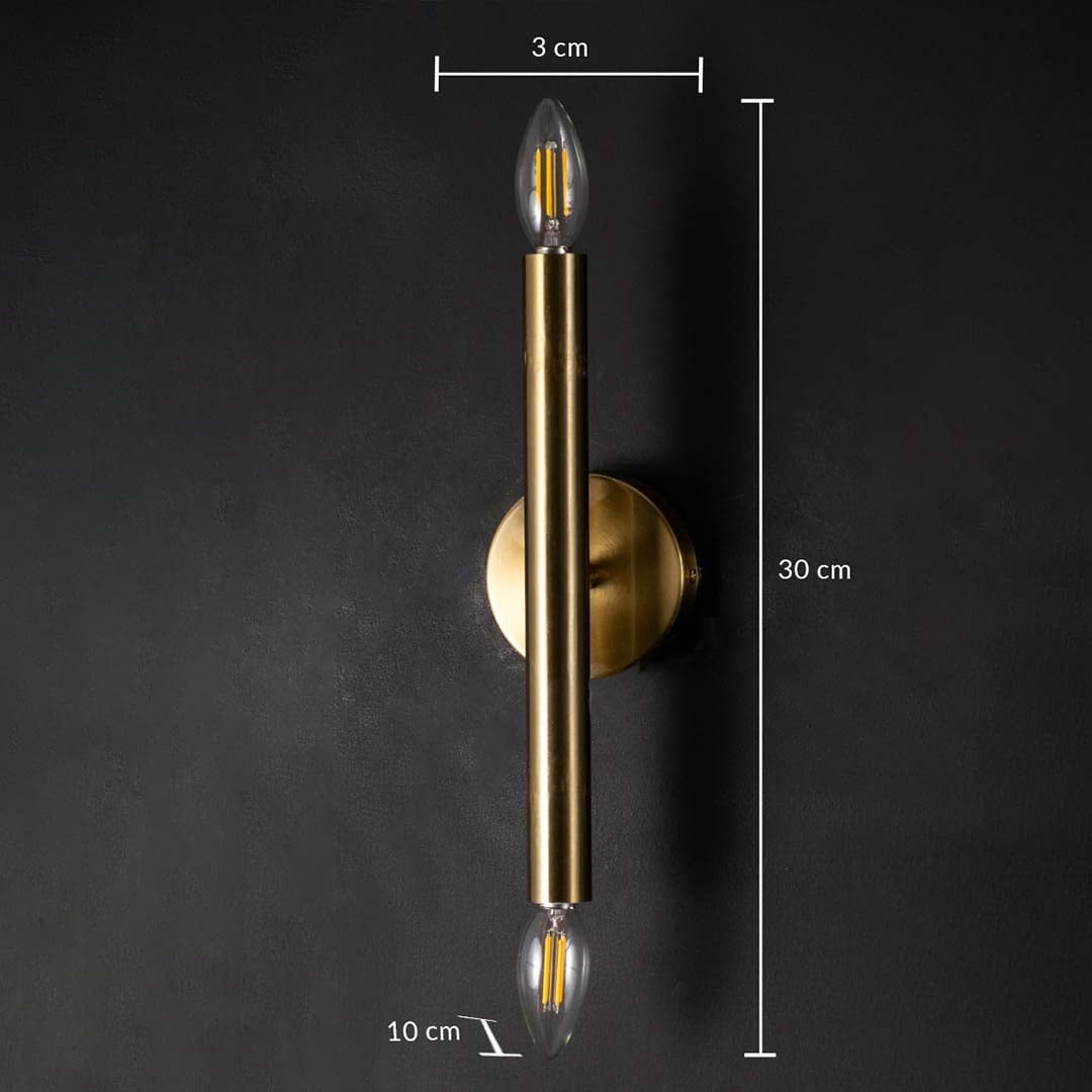 Gold metal double ended wall light shown with 30 cm height and 3 cm width offering clear measurement details for accurate placement in interiors.