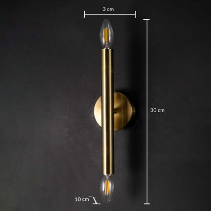 Gold metal double ended wall light shown with 30 cm height and 3 cm width offering clear measurement details for accurate placement in interiors.