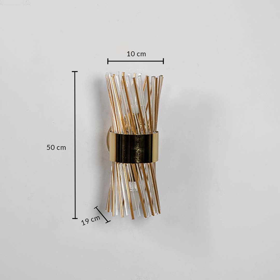 A metal and glass rod wall light shown with full measurements including 50 cm height 10 cm width and 19 cm depth for accurate placement planning.