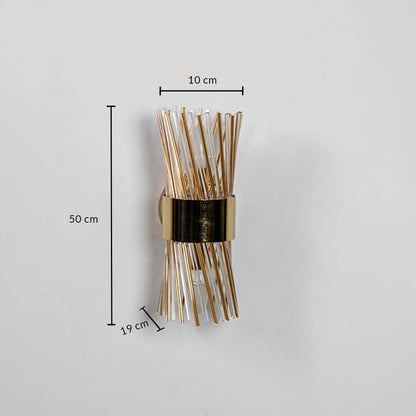 A metal and glass rod wall light shown with full measurements including 50 cm height 10 cm width and 19 cm depth for accurate placement planning.