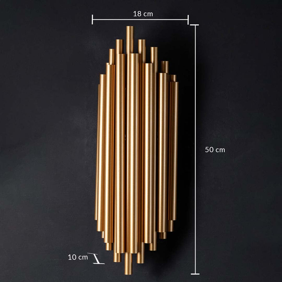 A gold metal wall light with measurements showing 50 cm height 18 cm width and 10 cm depth detailing its slim vertical tube structure.