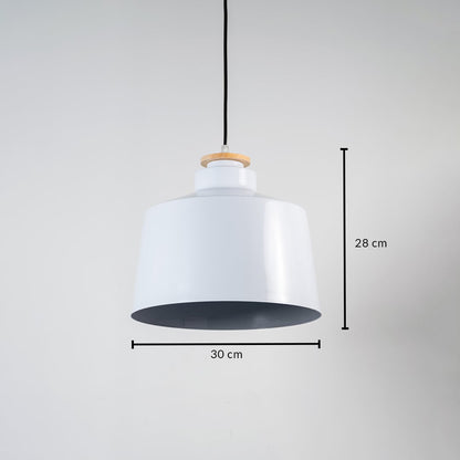 Minimal pendant light with white metal shade and gold accent showing 25 cm height and 20 cm diameter for interior ceilings.