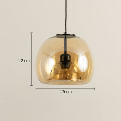 Amber glass pendant light with black metal fitting featuring 22 cm height and 25 cm width shown on white background for accurate measurement reference.