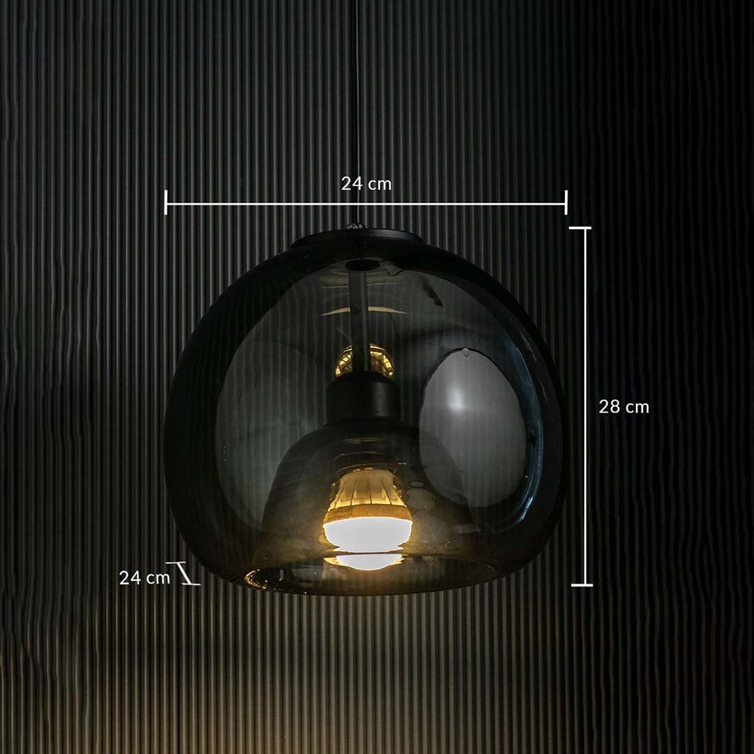 Smoked glass pendant light with measurements showing a 24 cm width and 28 cm height displayed against a dark ribbed background.