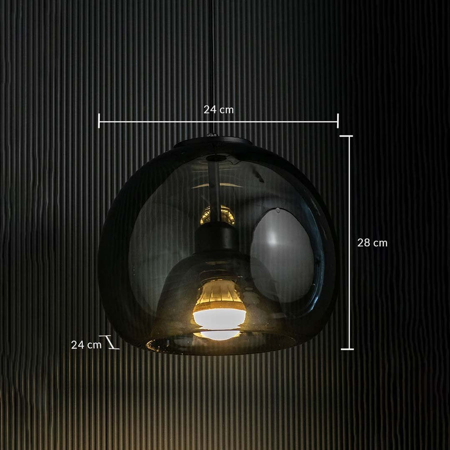Smoked glass pendant light with measurements showing a 24 cm width and 28 cm height displayed against a dark ribbed background.