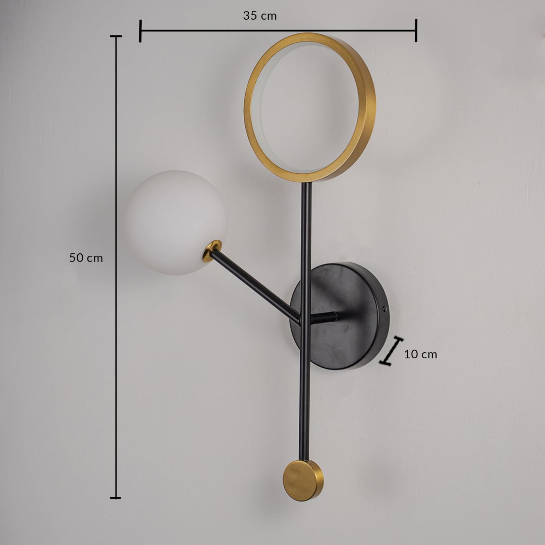 Black and gold wall lamp with frosted glass shade measuring 50cm height 35cm width and 10cm depth modern design.