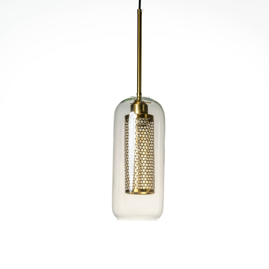 Decorative golden glass hanging pendant light with intricate perforated metal shade on white background.