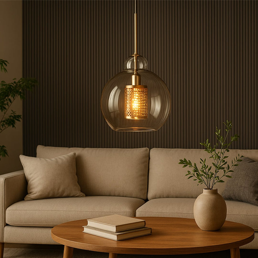 Contemporary glass pendant light with golden metal mesh shade stylish ceiling lamp for dining table and living room lighting.
