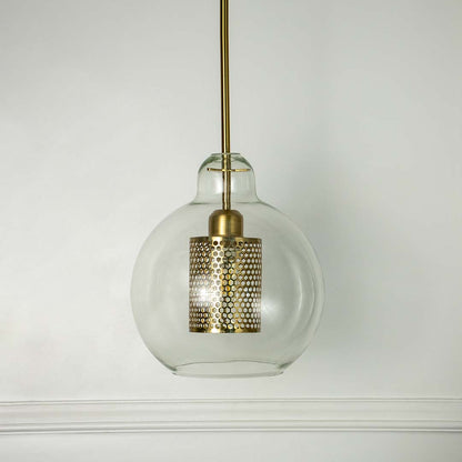 Glass pendant light with golden mesh detail sleek modern design ceiling lamp for dining room and living room white background.