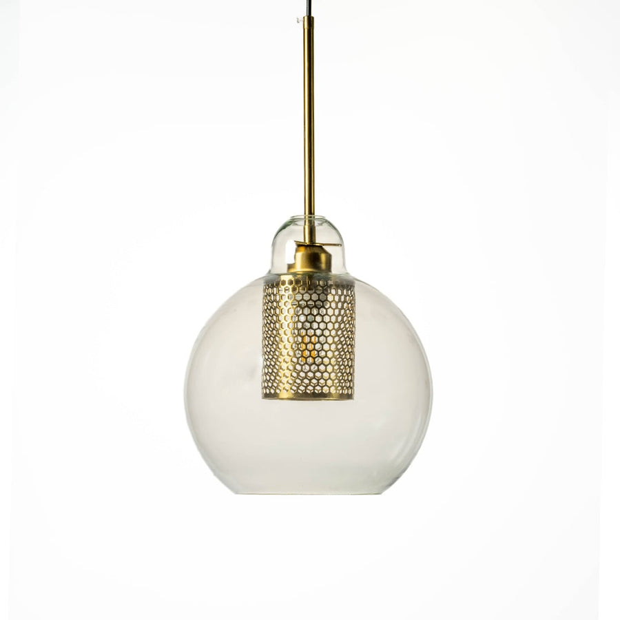 Elegant glass pendant light with golden mesh accent modern hanging ceiling lamp perfect for stylish home decor and interiors.
