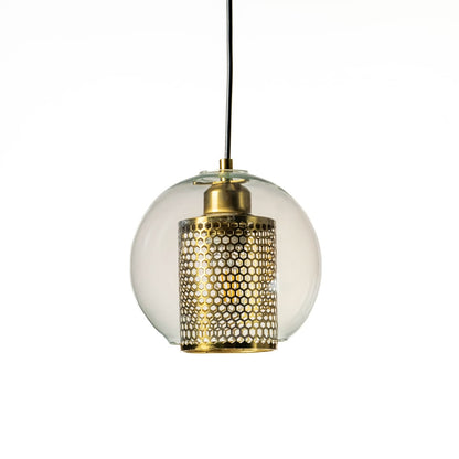 Stylish golden glass pendant light with intricate metal shade displayed on white background.