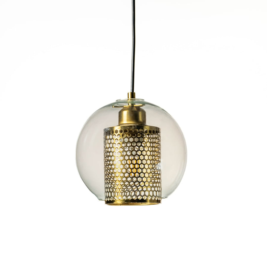 Stylish golden glass pendant light with intricate metal shade displayed on white background.